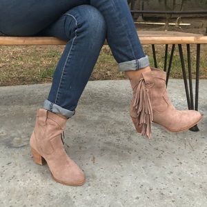 TAUPE FAUX SUEDE FRINGE BOOTS